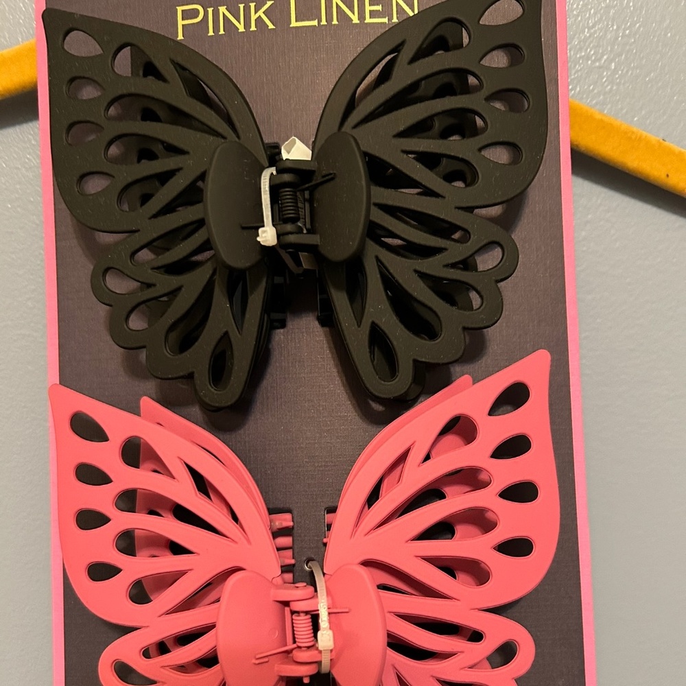 New Pink Linen Butterfly Hair Clips